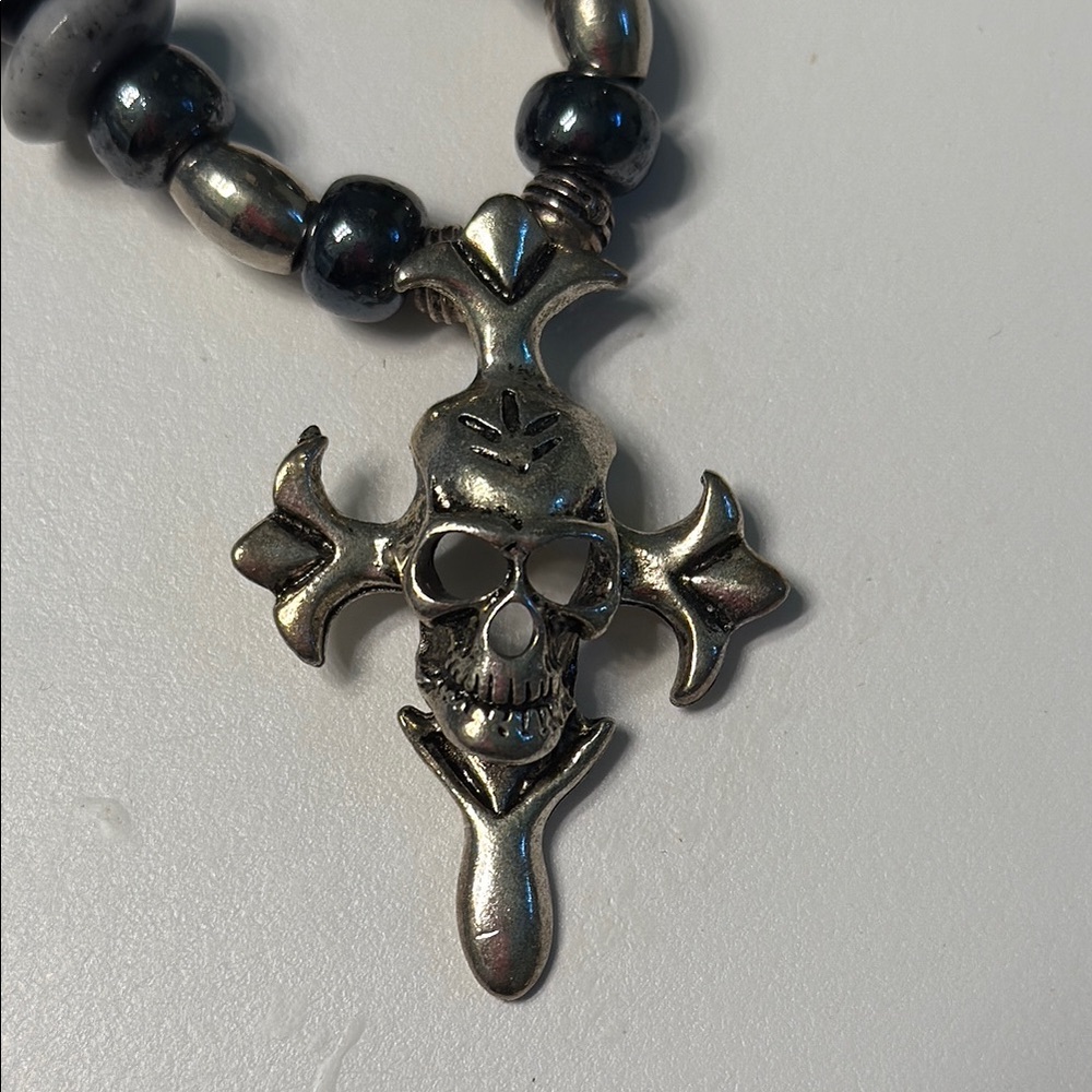 Silver Skull Cross Pendant Necklace adjustable